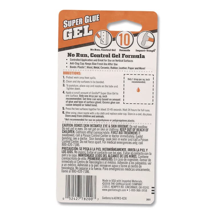 GORILLA GLUE COMPANY Super Glue Gel, Two 0.11 oz Tubes, Dries Clear (GOR7820001) thumbnail 3