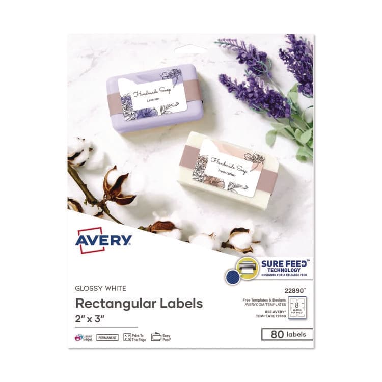AVERY PRODUCTS CORPORATION Sure Feed Glossy Labels, 2 x 3, White, 8 Labels/Sheet, 10 Sheets Pack (AVE22890)