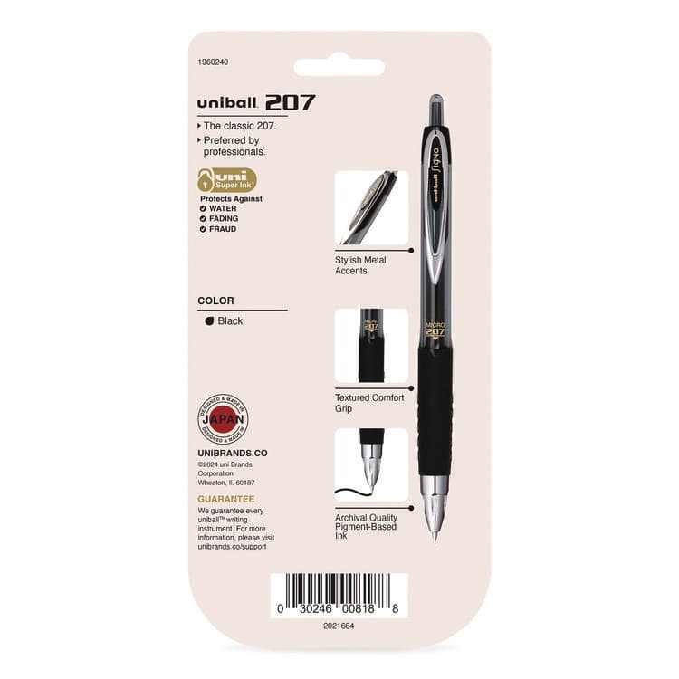 UNI Signo 207 Gel Pen, Retractable, Fine 0.5 mm, Black Ink, Smoke/Black Barrel, 5/Pack (UBC1960240) thumbnail 2