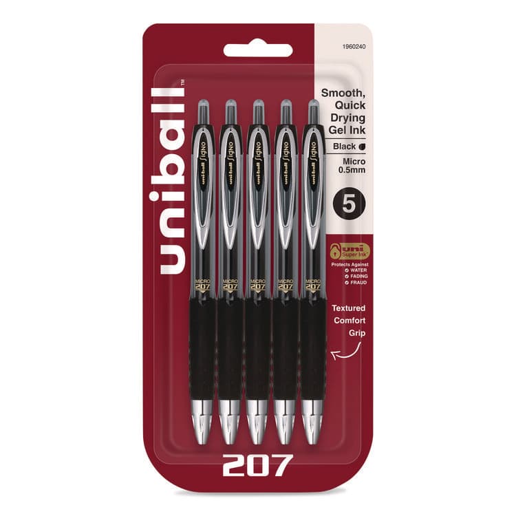 UNI Signo 207 Gel Pen, Retractable, Fine 0.5 mm, Black Ink, Smoke/Black Barrel, 5/Pack (UBC1960240)