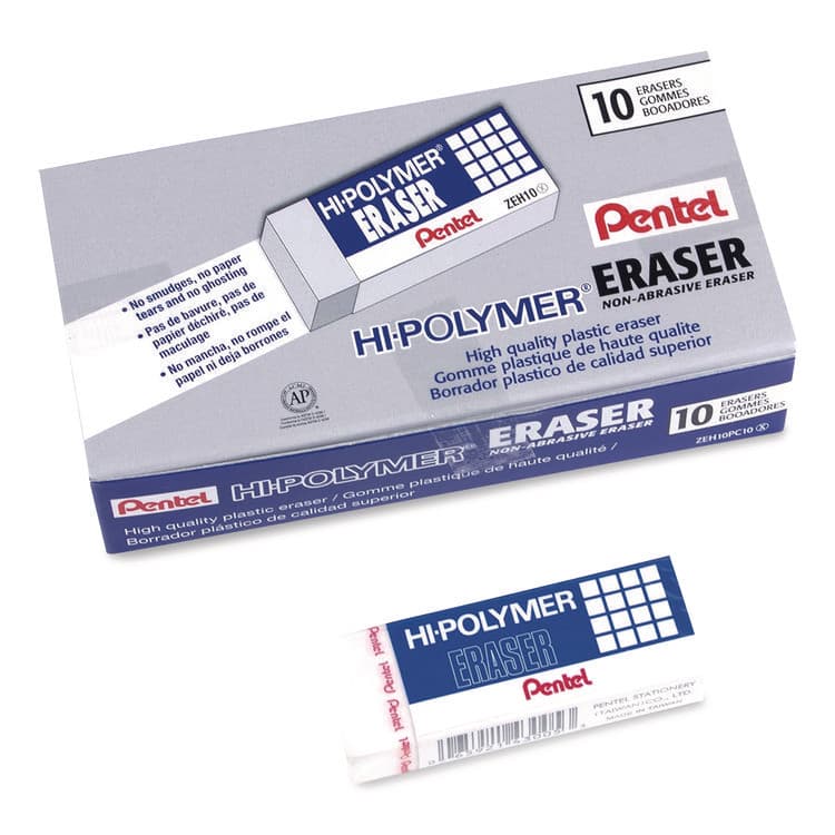 PENTEL OF AMERICA Hi-Polymer Eraser, For Pencil Marks, Rectangular Block, White, 10/Box (PENZEH10PC10)