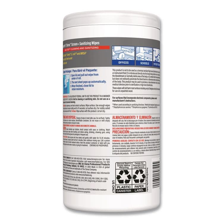 CLOROX SALES CO. CloroxPro ScreenPlus Screen Sanitizing Wipes, 6 x 8, Citrus Blend, White, 75/Canister, 6 Canisters/Carton (CLO60724CT) thumbnail 4