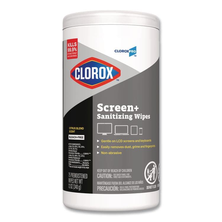 CLOROX SALES CO. CloroxPro ScreenPlus Screen Sanitizing Wipes, 6 x 8, Citrus Blend, White, 75/Canister, 6 Canisters/Carton (CLO60724CT) thumbnail 2