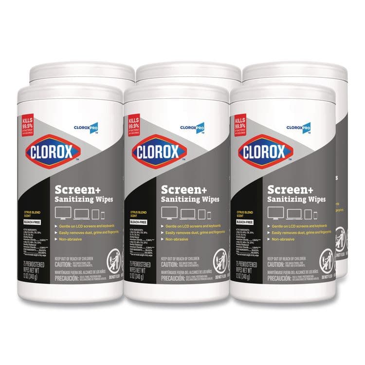 CLOROX SALES CO. CloroxPro ScreenPlus Screen Sanitizing Wipes, 6 x 8, Citrus Blend, White, 75/Canister, 6 Canisters/Carton (CLO60724CT)