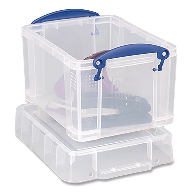 REALLY USEFUL BOXES . Snap-Lid Storage Bin, 101.12 oz, 7.06" x 9.62" x 6.25", Clear Box/Blue Handle (RUA3C)