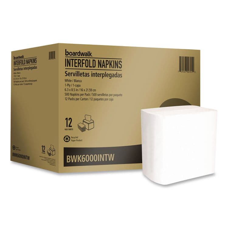 BOARDWALK Interfold Napkins, 1-Ply, 8.8 x 6.3, White, 500/Pack, 12 Packs/Carton (BWK6000INTW)