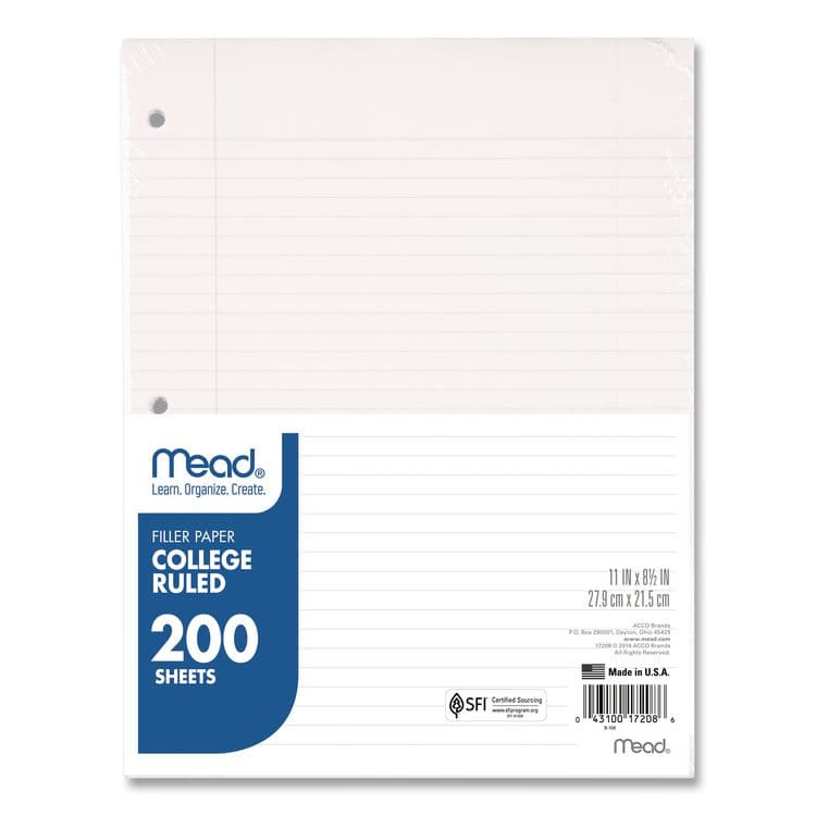 MEAD PRODUCTS Filler Paper, 3-Hole, 8.5 x 11, College Rule, 200/Pack (MEA17208)