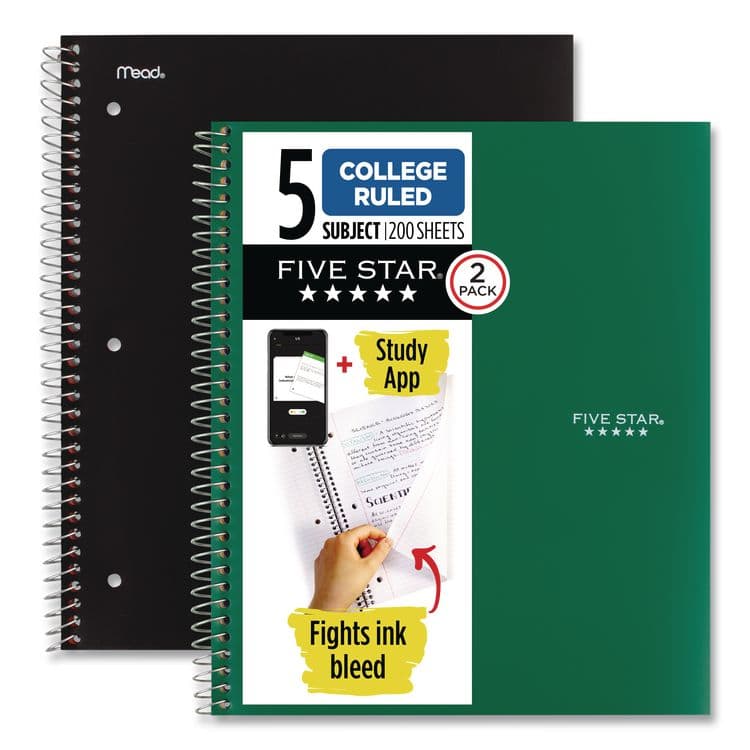 MEAD PRODUCTS Wirebound Notebook, 5-Subject, Medium/College Rule, Assorted Cover Colors, (200) 11 x 8.5 Sheets, 2/Pack (MEA820190)