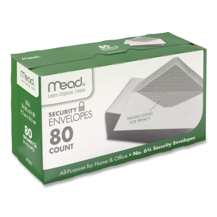 MEAD PRODUCTS Security Tint Business Envelopes, #6 3/4, Monarch Flap, Gummed Closure, 3.63 x 6.5, White, 80/Box (MEA75212)