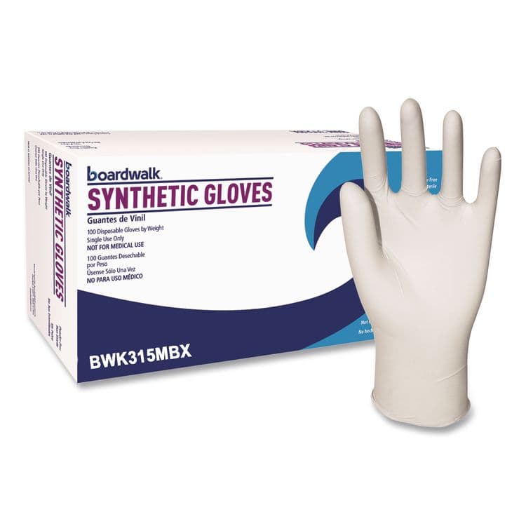 BOARDWALK Powder-Free Synthetic Vinyl Gloves, Medium, 4 mil Thick, 9.5" Long, Cream, 100/Box, 10 Boxes/Carton (BWK315MCT) thumbnail 2