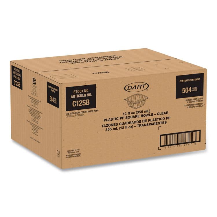DART Square Plastic Bowls, 12 oz, 8.5 x 8.5 x 2.64, Clear, Plastic, 63 Bowls/Sleeve, 8 Sleeves/Carton (DCCC12SB) thumbnail 2