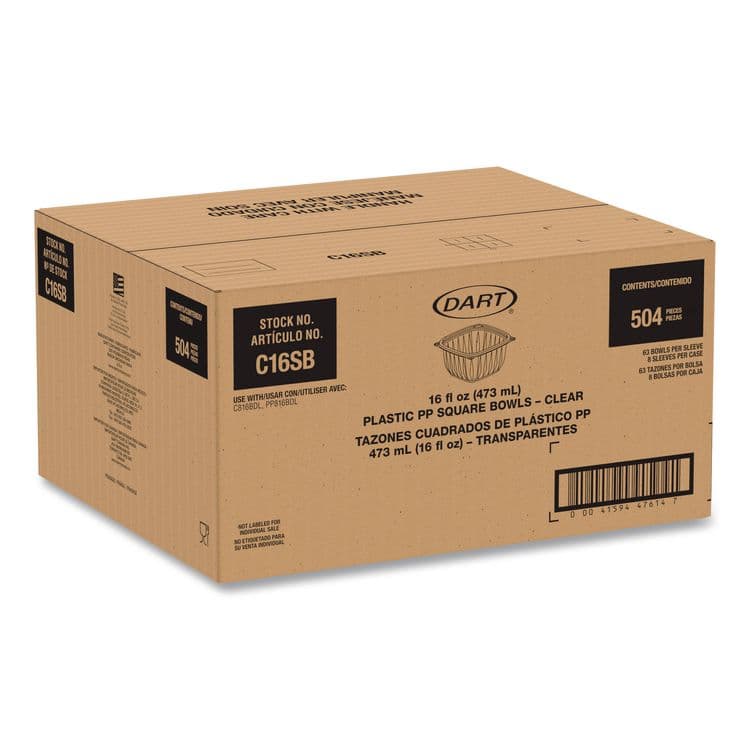 DART Square Plastic Bowls, 16 oz, 8.5 x 8.5 x 1.96, Clear, Plastic, 63 Bowls/Sleeve, 8 Sleeves/Carton (DCCC16SB) thumbnail 2