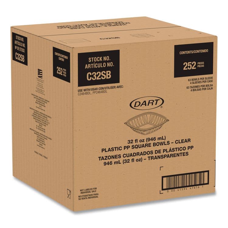 DART Square Plastic Bowls, 32 oz, 5 x 5 x 1.49, Clear, Plastic, 63 Bowls/Sleeve, 4 Sleeves/Carton (DCCC32SB) thumbnail 2