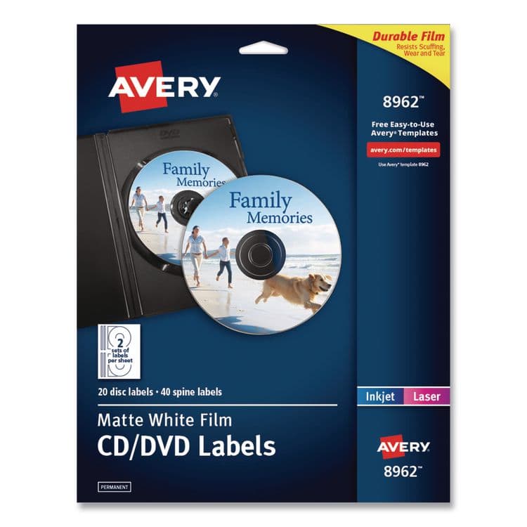 AVERY PRODUCTS CORPORATION DVD Film Labels, Matte White, 20/Pack (AVE8962)