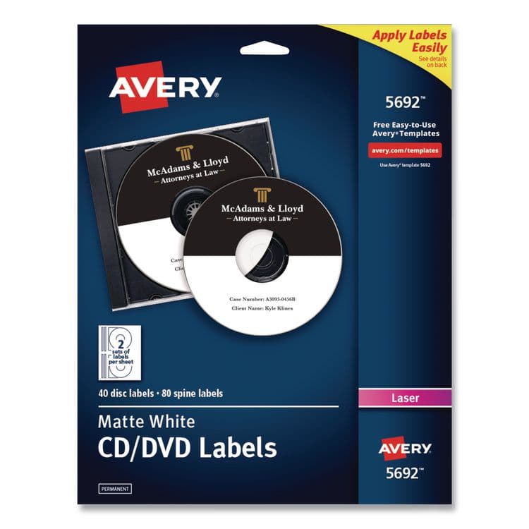 AVERY PRODUCTS CORPORATION Laser CD Labels, Matte White, 40/Pack (AVE5692)
