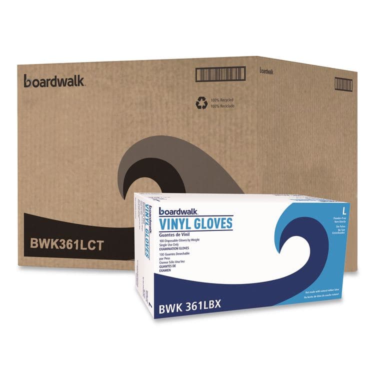 BOARDWALK Exam Vinyl Gloves, Powder-Free, Large, 3.6 mil Thick, 9.5" Long, Clear, 100/Box, 10 Boxes/Carton (BWK361LCT)