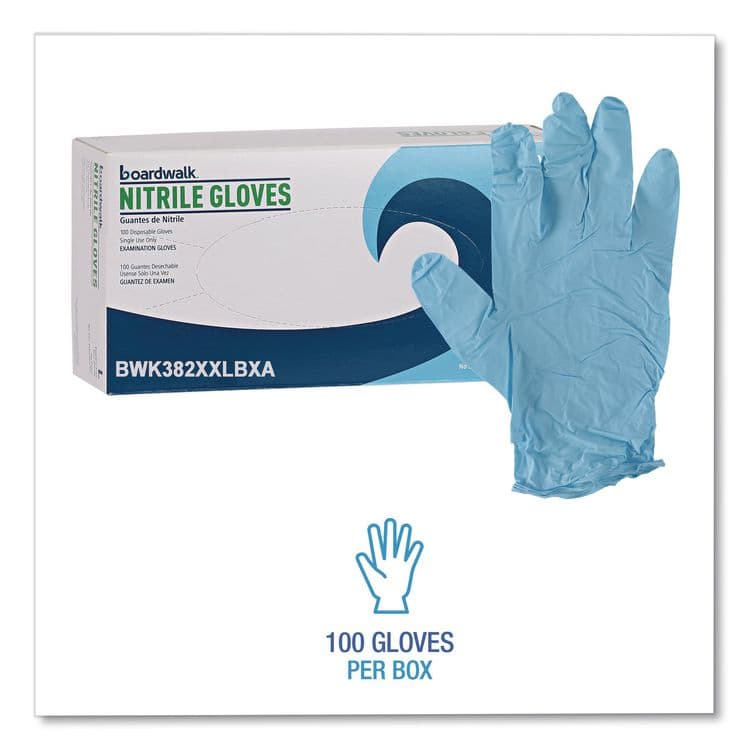 BOARDWALK Disposable Examination Nitrile Gloves, Powder-Free, XX-Large, 5 mil Thick, 9.5" Long, Blue, 100/Box (BWK382XXLBXA) thumbnail 4