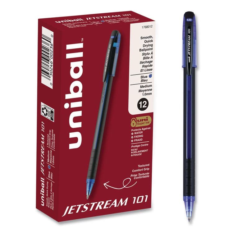 UNI Jetstream 101 Hybrid Gel Pen, Stick, Bold 1 mm, Blue Ink, Black/Blue Barrel, Dozen (UBC1768012)