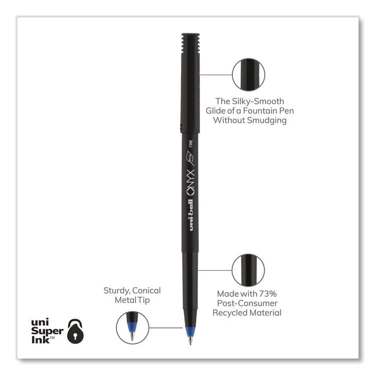 UNI ONYX Rollerball Pen, Stick, Fine 0.7 mm, Blue Ink, Black/Blue Barrel, 72/Pack (UBC2013568) thumbnail 3