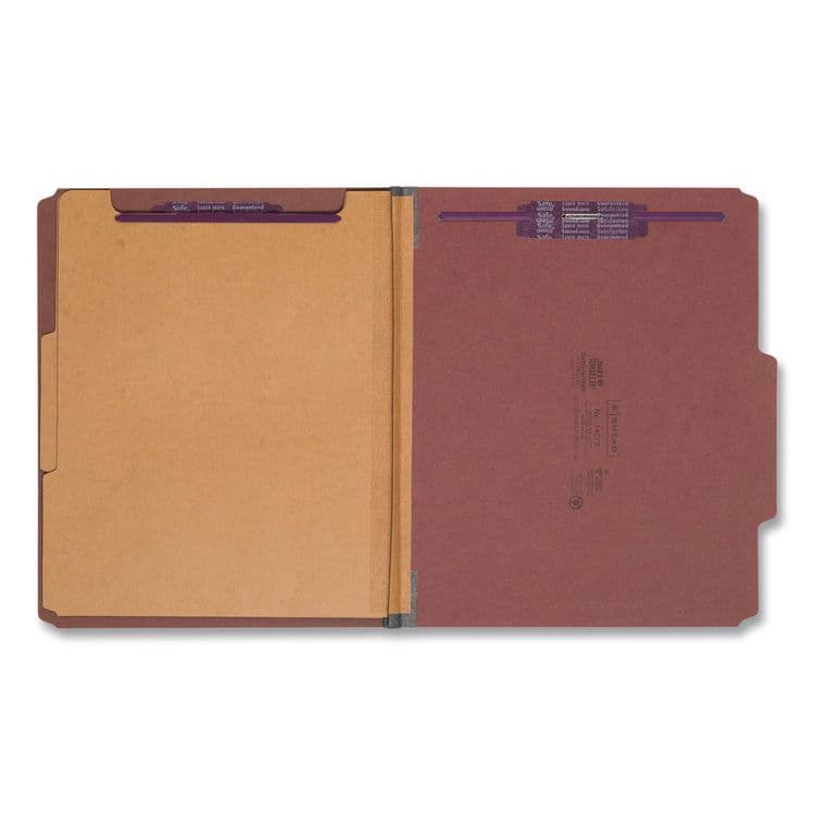 SMEAD MANUFACTURING CO. Pressboard Classification Folders, 2/5-Cut Tab, Expands 2", 2 Dividers, 6 SafeSHIELD Fasteners, Letter Size, Red, 10/Box (SMD14075) thumbnail 2