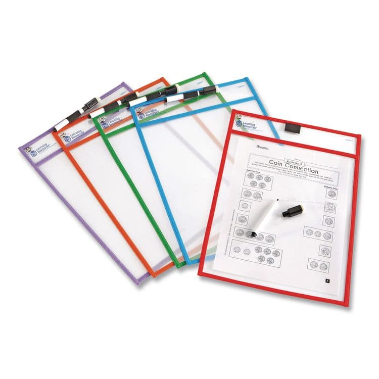 LEARNING RESOURCES Write and Wipe Pockets, Medium-Duty, Top Load, 10" x 14" Insert, Clear Front, Assorted Color Border, 5 Pockets (LRNLER0477) thumbnail 2