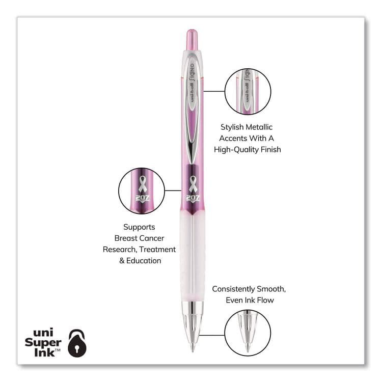 UNI Signo 207 City of Hope Edition Gel Pen, Retractable, Medium 0.7 mm, Black Ink, Translucent Pink/White Barrel, Dozen (UBC1745267) thumbnail 3