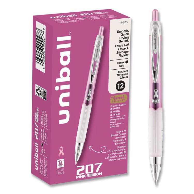 UNI Signo 207 City of Hope Edition Gel Pen, Retractable, Medium 0.7 mm, Black Ink, Translucent Pink/White Barrel, Dozen (UBC1745267)