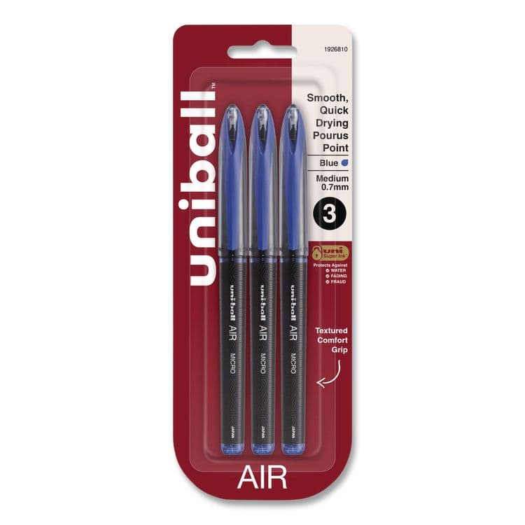 UNI AIR Porous Gel Pen, Stick, Medium 0.7 mm, Blue Ink, Black/Blue Barrel, 3/Pack (UBC1926810)