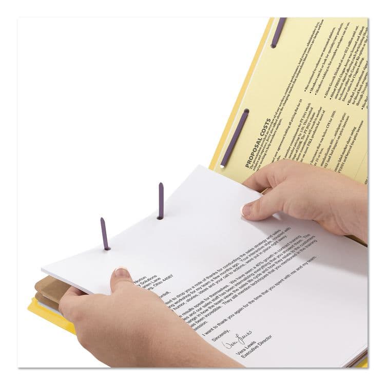 SMEAD MANUFACTURING CO. End Tab Pressboard Classification Folders, Expands 2", 2 Dividers, 6 SafeSHIELD Fasteners, Legal Size, Yellow, 10/Box (SMD29789) thumbnail 4