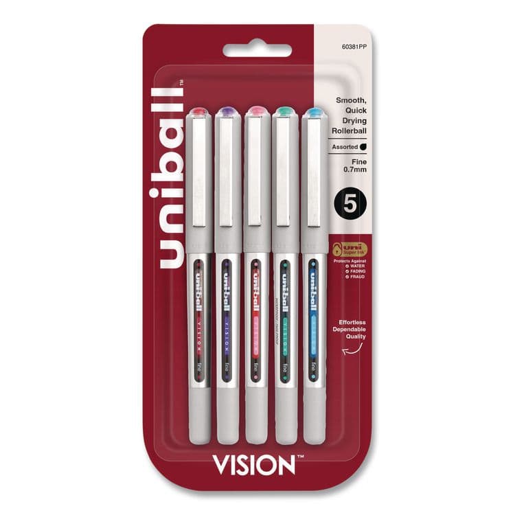 UNI VISION Rollerball Pen, Stick, Fine 0.7 mm, Assorted Ink and Barrel Colors, 5/Pack (UBC60381PP)