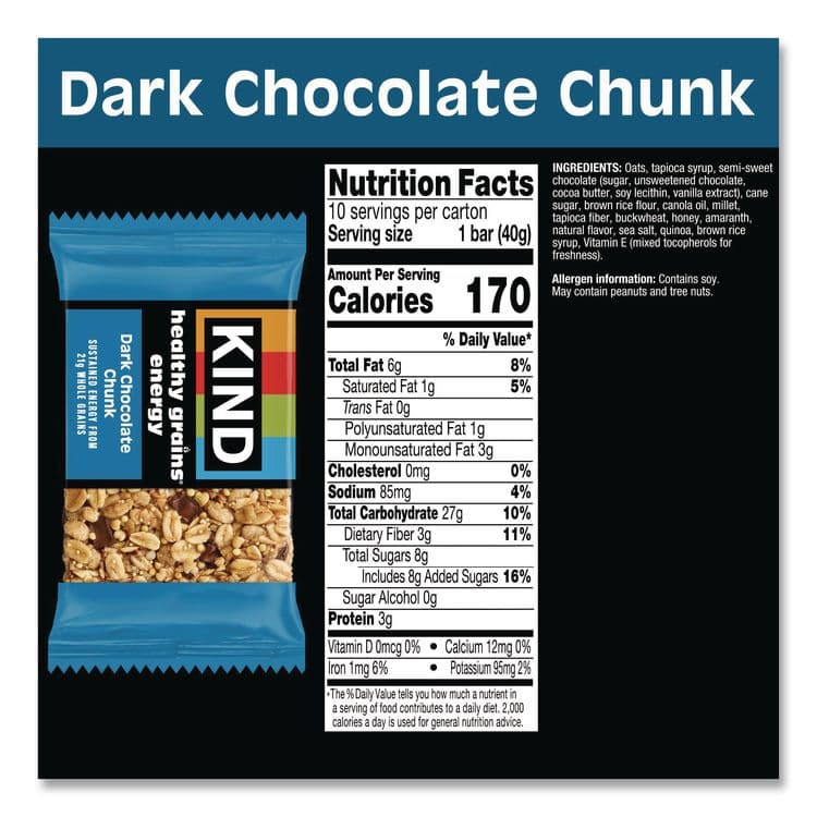 KIND LLC Healthy Grains Energy Dark Chocolate Chunk Bars, 1.4 oz Bar, 10/Box (KND67074) thumbnail 3