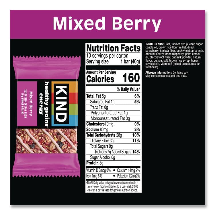 KIND LLC Healthy Grains Energy Mixed Berry Bars, 1.4 oz Bar, 10/Box (KND67073) thumbnail 3