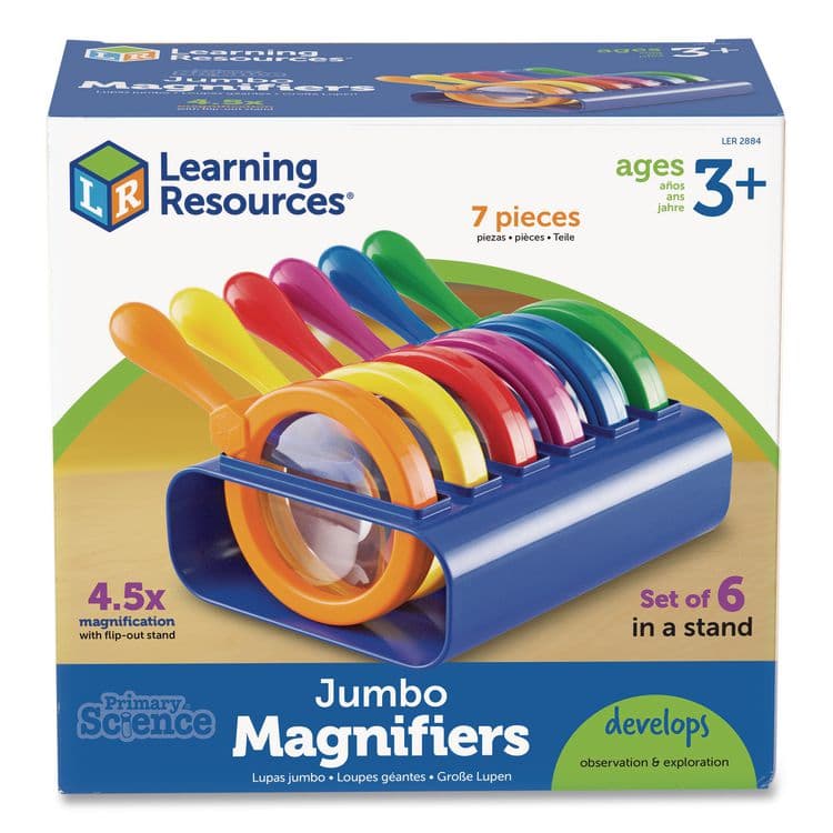 LEARNING RESOURCES Primary Science Jumbo Magnifiers with Stand, Ages 3 and Up, 4.5x, Plastic Lens, 4.5" dia, 6/Set (LRNLER2884)