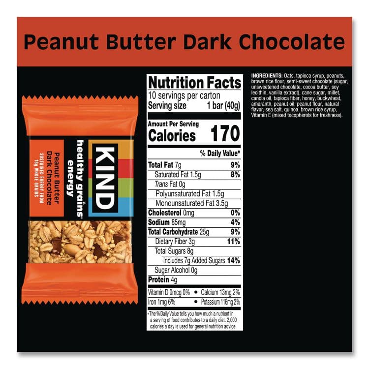 KIND LLC Healthy Grains Energy Peanut Butter Dark Chocolate Bars, 1.4 oz Bar, 10/Box (KND67075) thumbnail 3