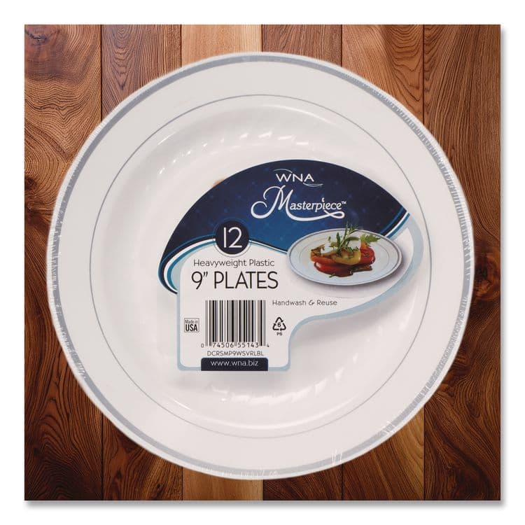 WNA, . Masterpiece Plastic Plates, 9" dia, White/Silver, 10/Pack, 12 Packs/Carton (WNARSM91210WS) thumbnail 2