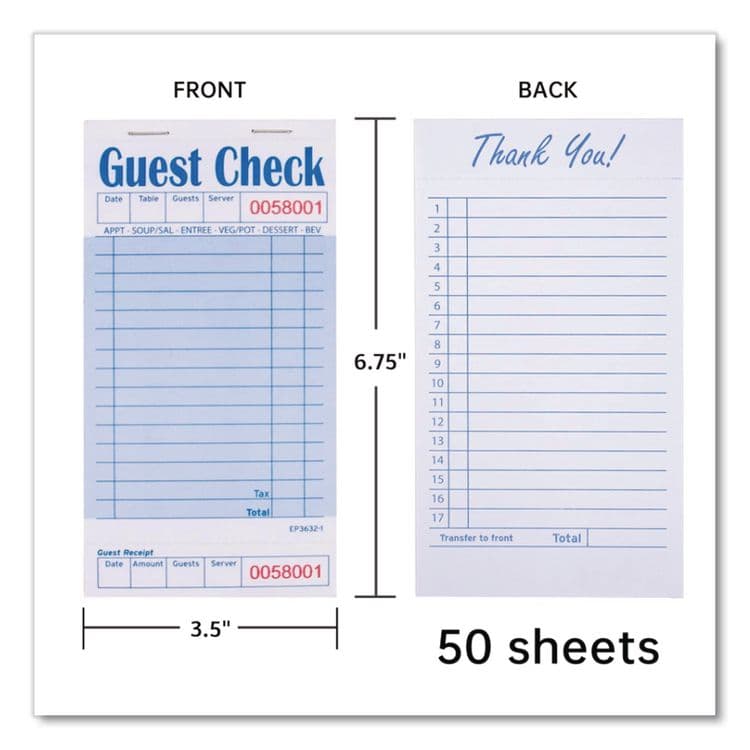 AMERCAREROYAL Guest Check Pad with Ruled Back, 15 Lines, One-Part (No Copies), 3.5 x 6.7, 50 Forms/Pad, 50 Pads/Carton (RPPGC36321) thumbnail 2