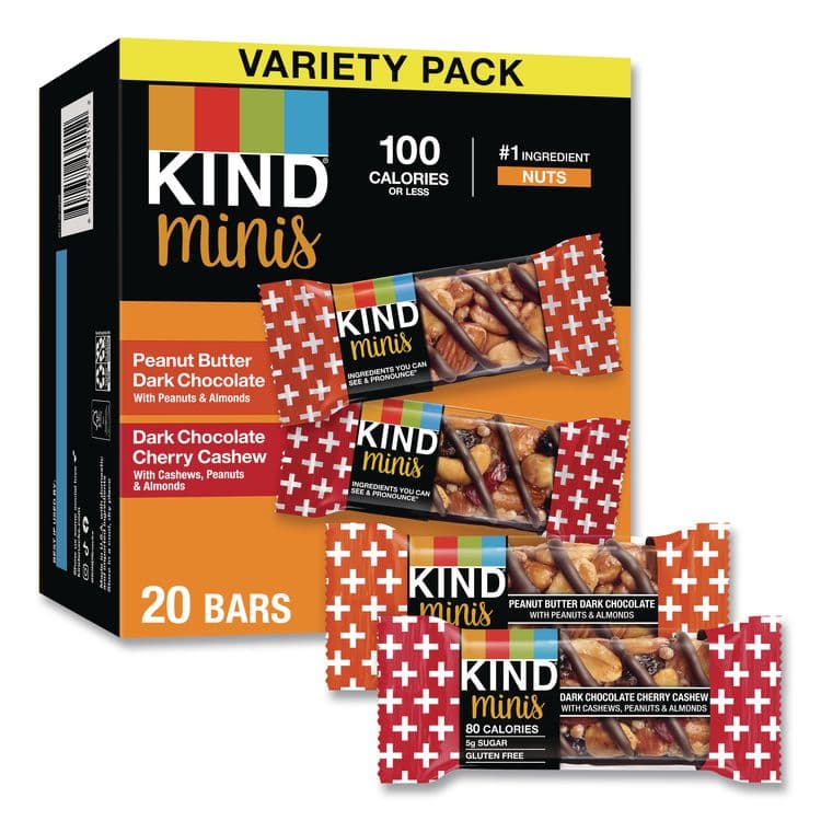 KIND LLC Minis Peanut Butter Dark Chocolate and Dark Chocolate Cherry Cashew Variety Pack, 0.74 oz Bar, 20/Box (KND43012)