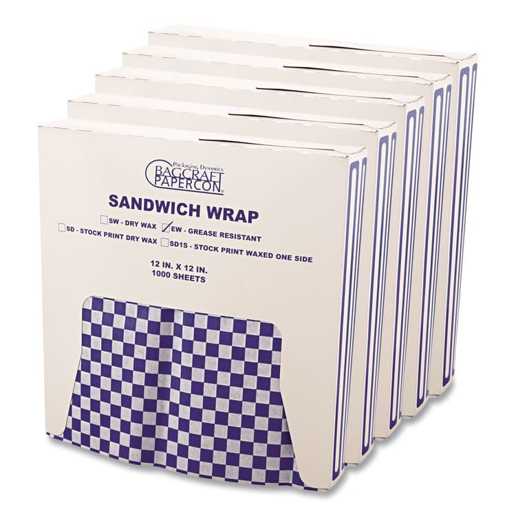 BAGCRAFT Grease-Resistant Paper Wraps and Liners, 12 x 12, Blue Check, 1,000/Box, 5 Boxes/Carton (BGC057850)