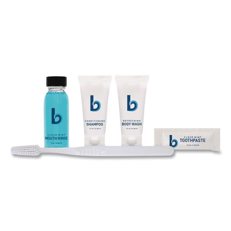 BOARDWALK Amenities Kit, Mouth Rinse, Toothbrush, Toothpaste, Body Wash, Shampoo, Green Tea Lemongrass, 12 Kits/Carton (BWKAMENKIT) thumbnail 3