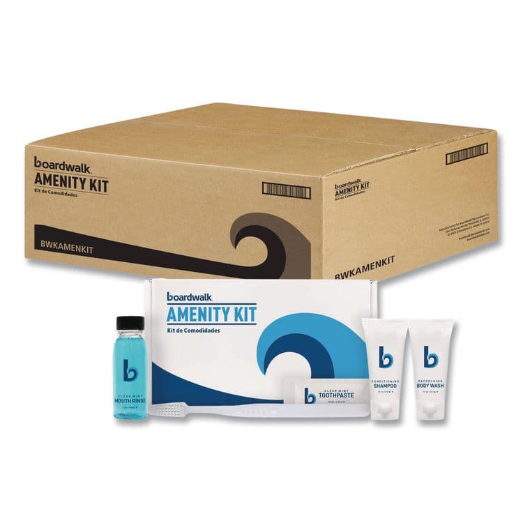 BOARDWALK Amenities Kit, Mouth Rinse, Toothbrush, Toothpaste, Body Wash, Shampoo, Green Tea Lemongrass, 12 Kits/Carton (BWKAMENKIT)