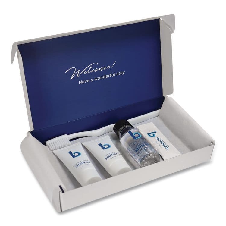 BOARDWALK Amenities Kit, Mouth Rinse, Toothbrush, Toothpaste, Body Wash, Shampoo, Low Allergen, 12 Kits/Carton (BWKAMENKITLA) thumbnail 2