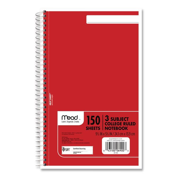 MEAD PRODUCTS Spiral Notebook, 3-Subject, Medium/College Rule, Randomly Assorted Cover Color, (150) 9.5 x 5.5 Sheets (MEA06900)