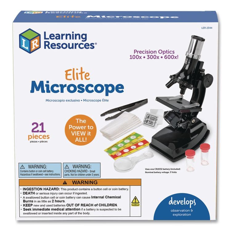 LEARNING RESOURCES Elite Microscope, 100x/300x/600x Magnification, Simple Stage, Mirror Illuminator, Black, 21 Pieces (LRNLER2344)