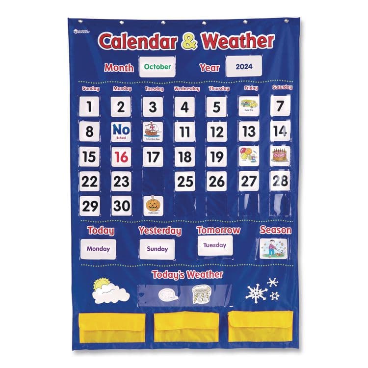 LEARNING RESOURCES Calendar and Weather Pocket Chart, 46 Pockets, 14.7 x 32.2, Blue, 136 Cards (LRNLER2418)
