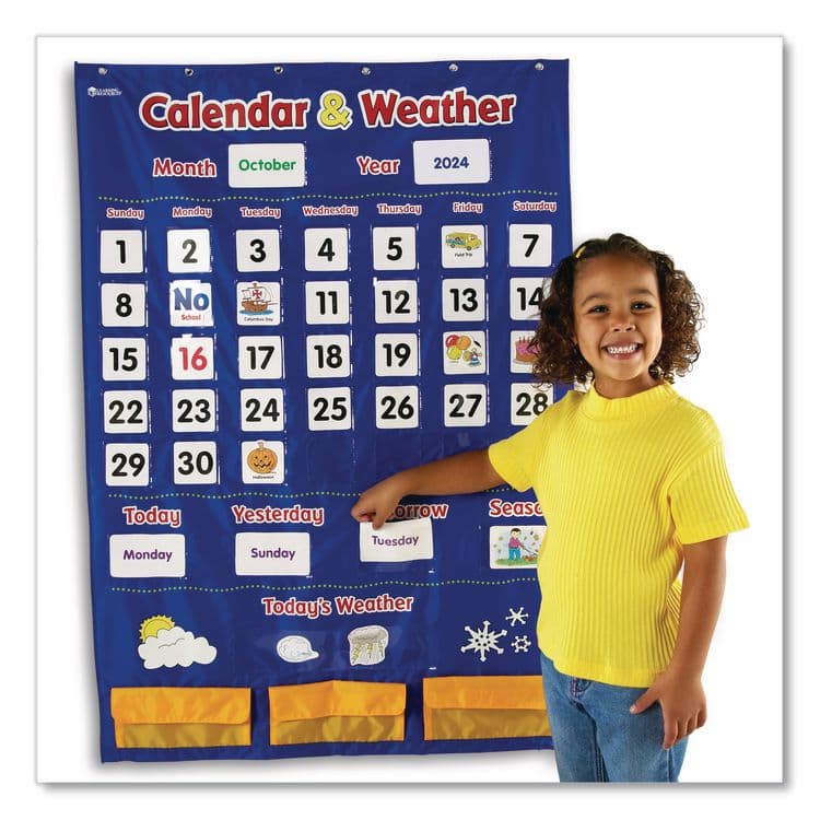LEARNING RESOURCES Calendar and Weather Pocket Chart, 46 Pockets, 14.7 x 32.2, Blue, 136 Cards (LRNLER2418) thumbnail 4