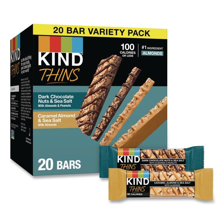 KIND LLC Thins Dark Chocolate Nuts and Sea Salt/Caramel Almond and Sea Salt Variety Pack, 0.74 oz Bar, 20/Box (KND41888)