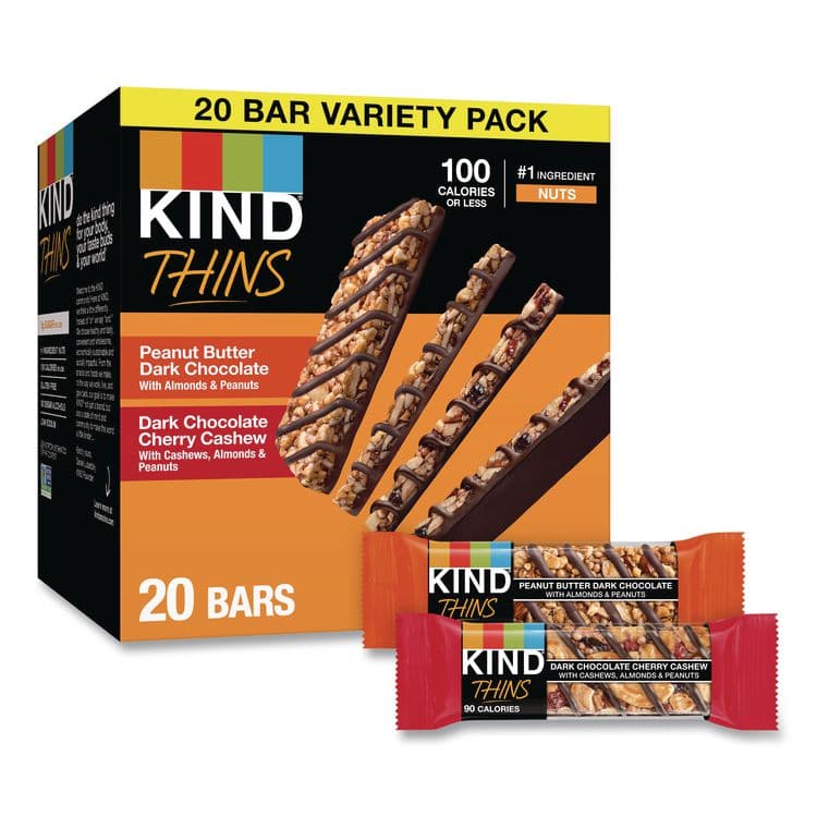 KIND LLC Thins Peanut Butter Dark Chocolate and Dark Chocolate Cherry Cashew Variety Pack, 0.74 oz Bar, 20/Box (KND41891)