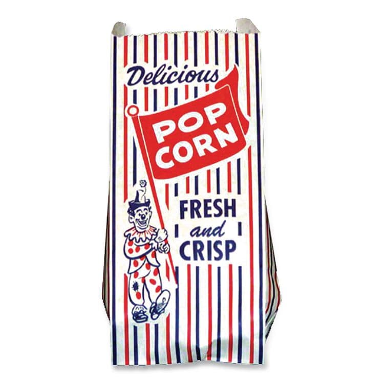 BAGCRAFT Pinch-Bottom Paper Popcorn Bag, Delicious Popcorn: Circus Clown Icon Labeling, 4" x 1.5" x 8", Red/White/Blue, 1,000/Carton (BGC300471) thumbnail 2