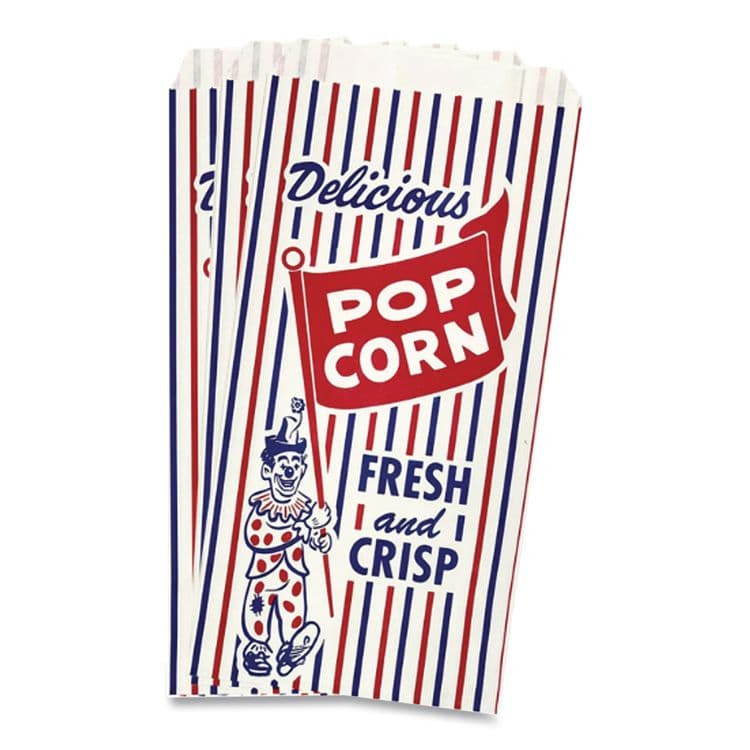 BAGCRAFT Pinch-Bottom Paper Popcorn Bag, Delicious Popcorn: Circus Clown Icon Labeling, 4" x 1.5" x 8", Red/White/Blue, 1,000/Carton (BGC300471) thumbnail 3