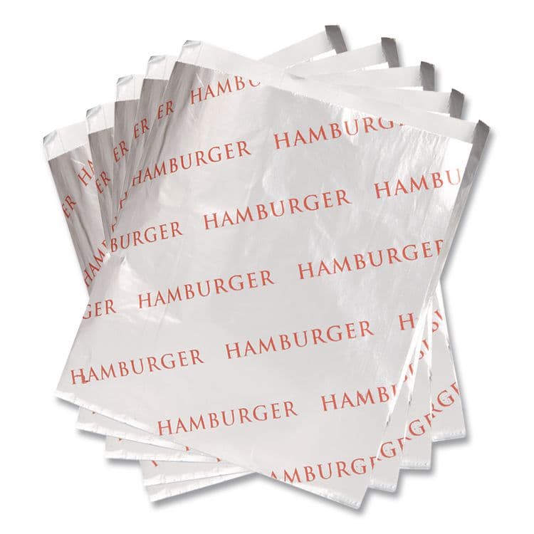 BAGCRAFT Foil Single-Serve Bags, Hamburger Labeling, 6" x 0.75" x 6.5", Silver/Red, 1,000/Carton (BGC300527) thumbnail 2
